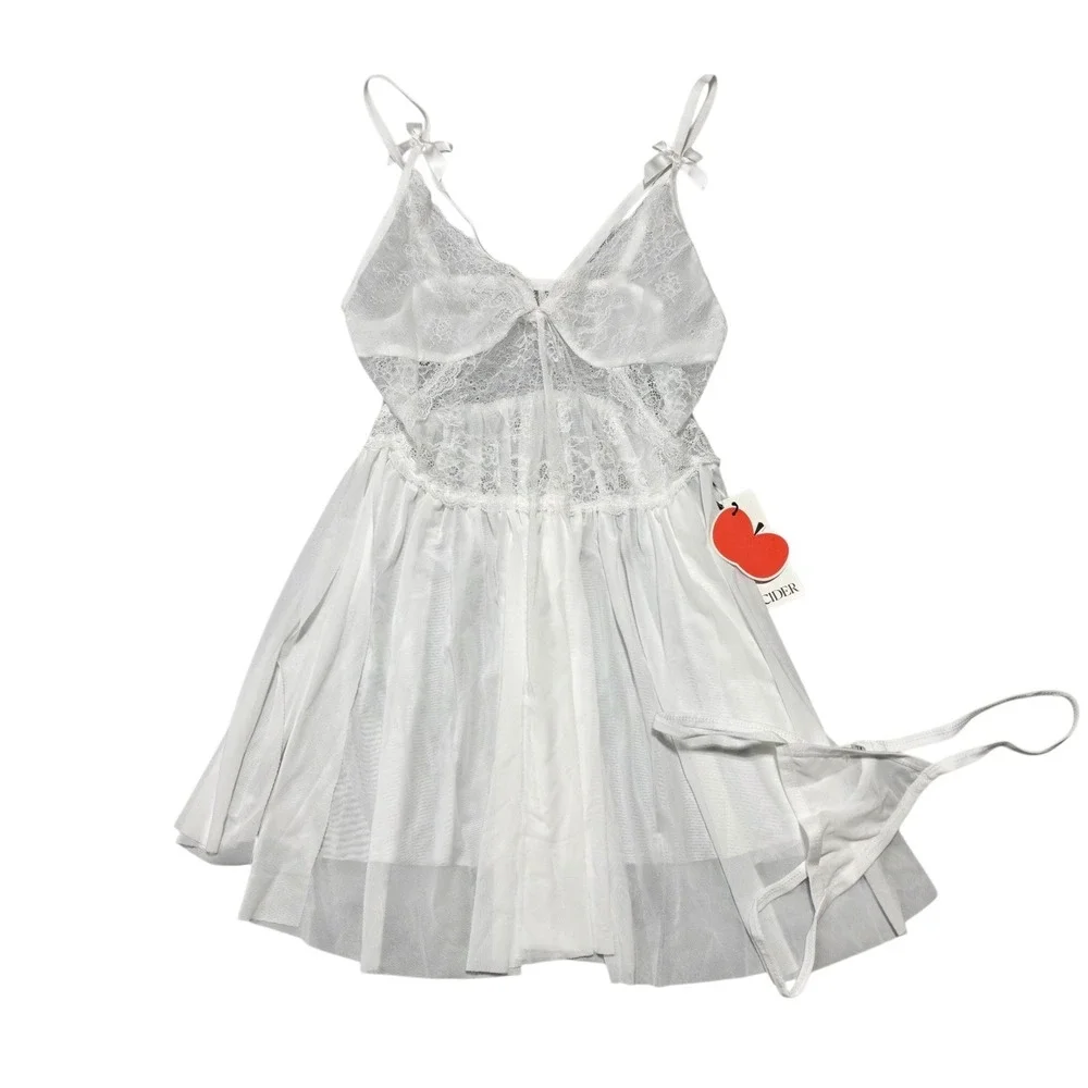 NEW Cider White Lace Babydoll Lingerie Slip Dress & Thong Set XL Extra‎ Large